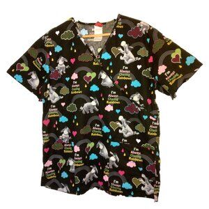 Disney Eeyore Scrub Top Women m Black Im Always Chasing Rainbows Work Pooh